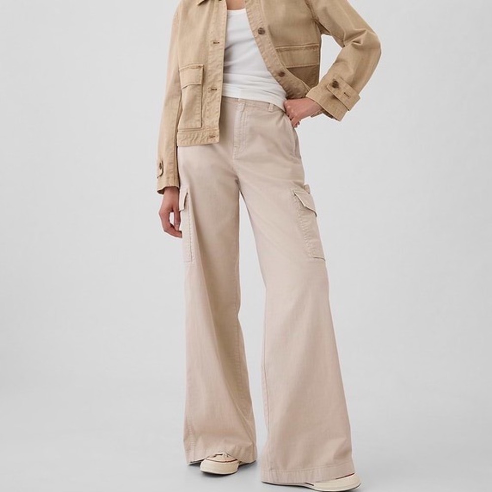 Gap Baggy Cargo Pants Womens 6 Tan Beige Wide Leg High Rise Cotton Utility NEW